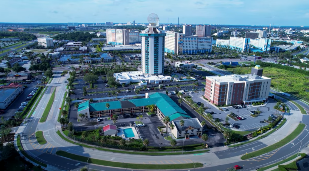 A scenic view of Orlando city with transportation options like buses, cars, and bikes to guide visitors around the city.