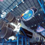 Saturn V rocket on display at Kennedy Space Center from Orlando day trip inside the Apollo/Saturn V Center.