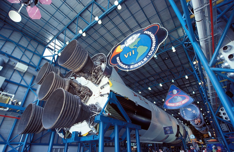 Saturn V rocket on display at Kennedy Space Center from Orlando day trip inside the Apollo/Saturn V Center.